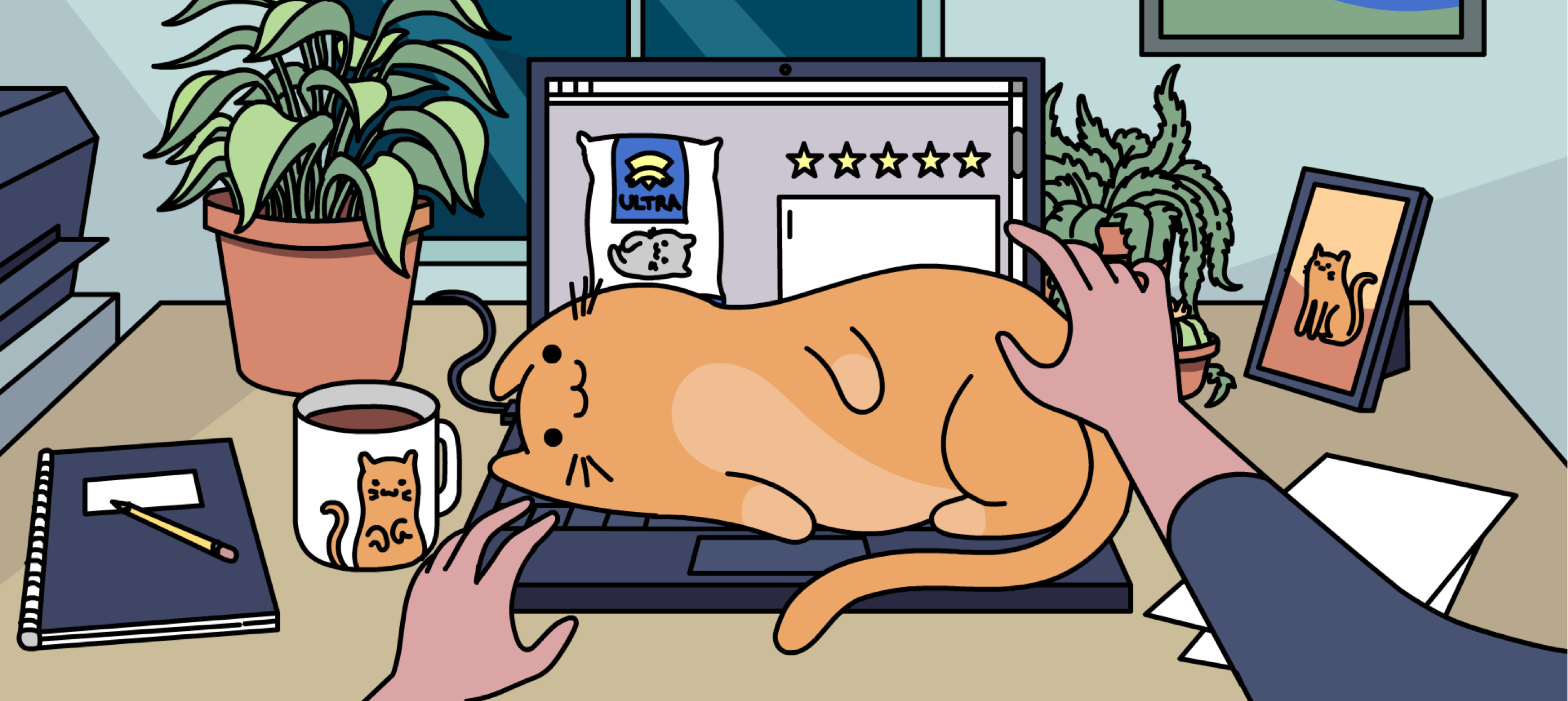 cartoon cat laying on a warm laptop