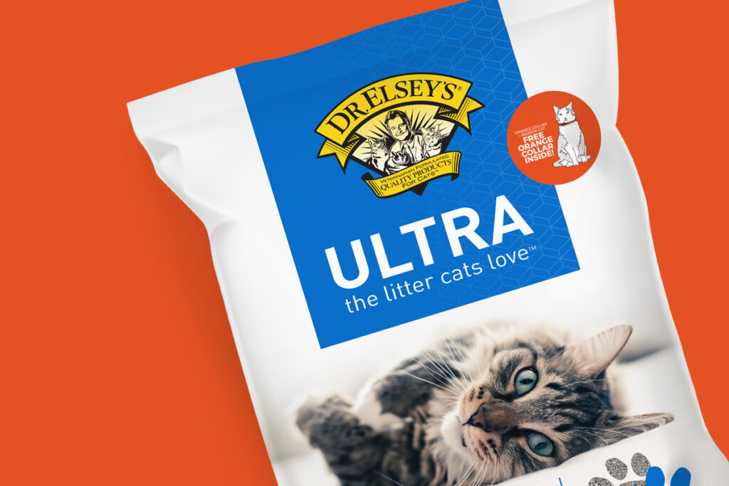 bag of dr. elsey's ultra litter on an orange backdrop