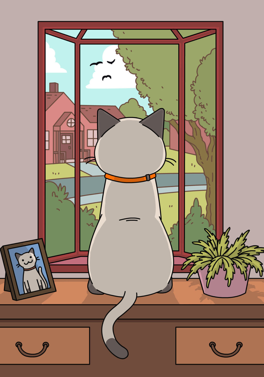 Illustration of a cat, looking out a window, wearing an orange collar for #orangeinside.