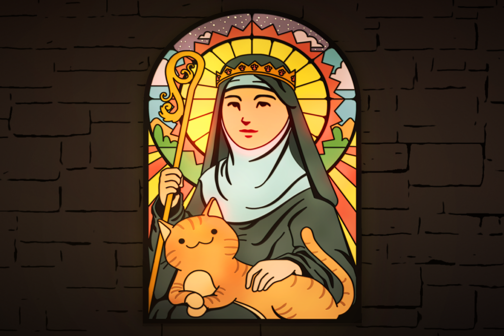 St. Gertrude with an orange cat on her lap