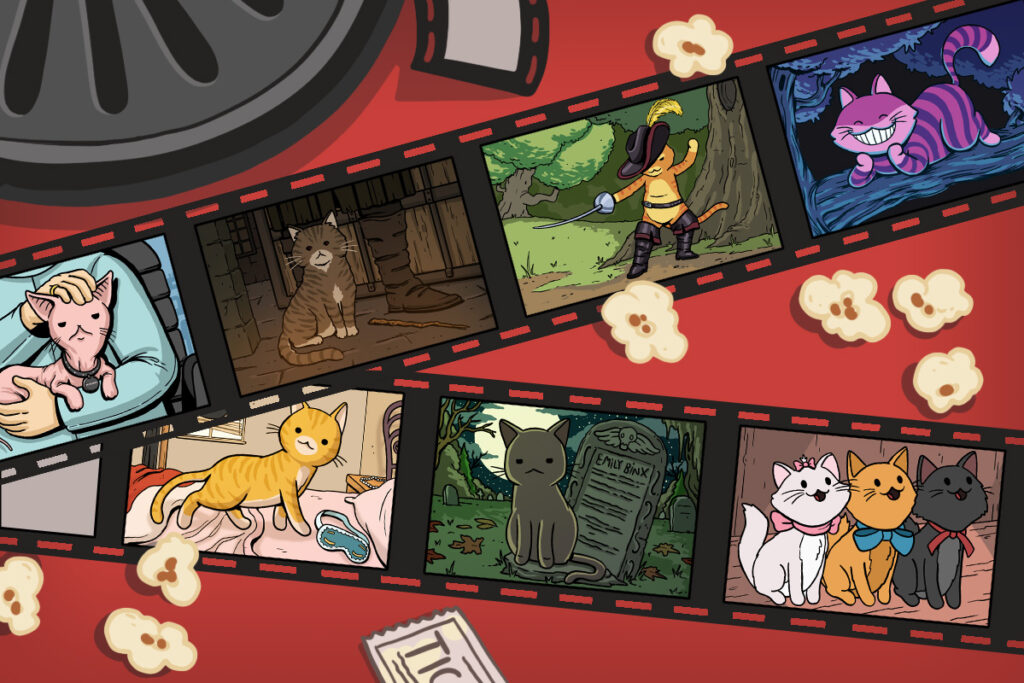 film reel featuring drawings of films featuring cats.