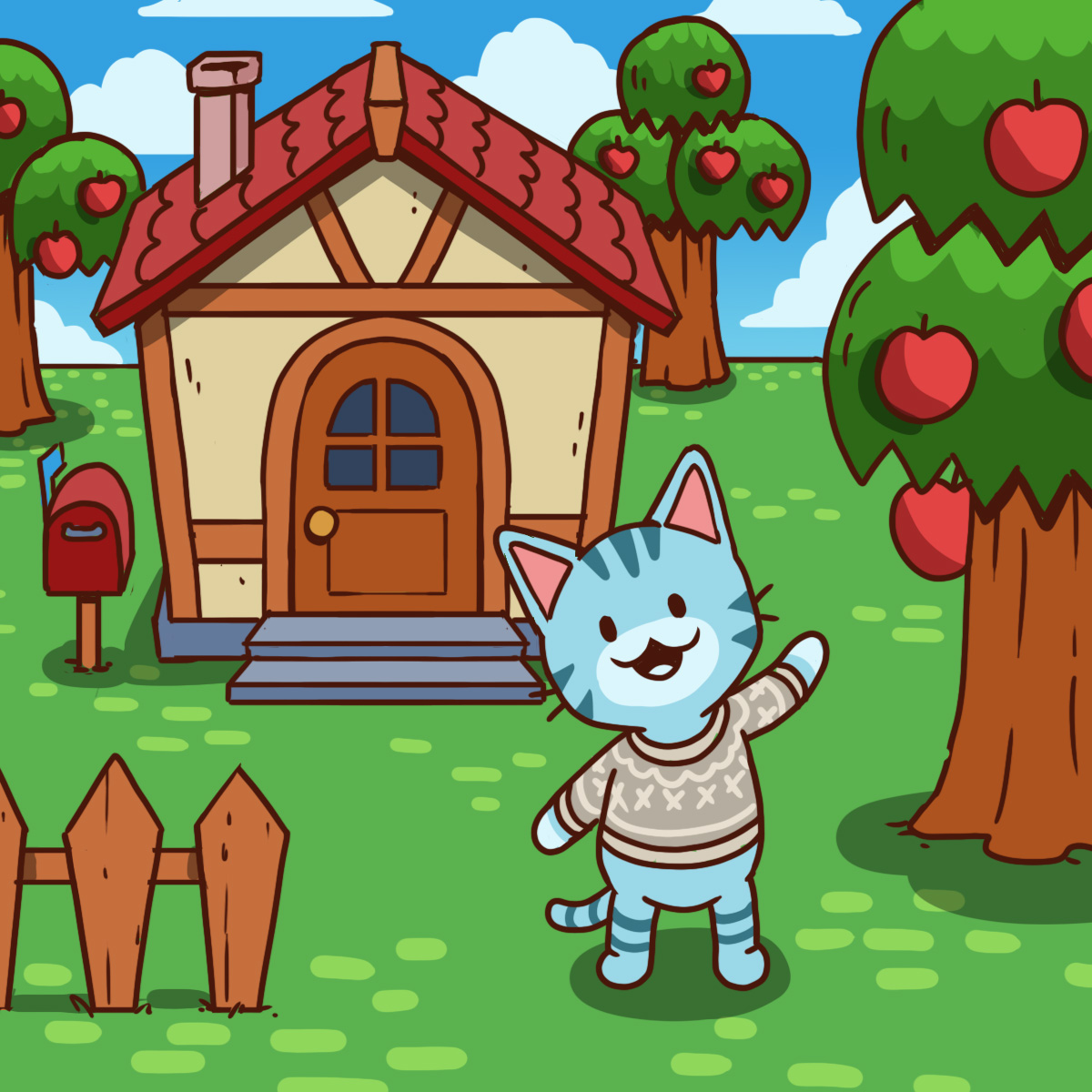 Blue cat in gray sweater standing in front of a small home in betwen apple trees.