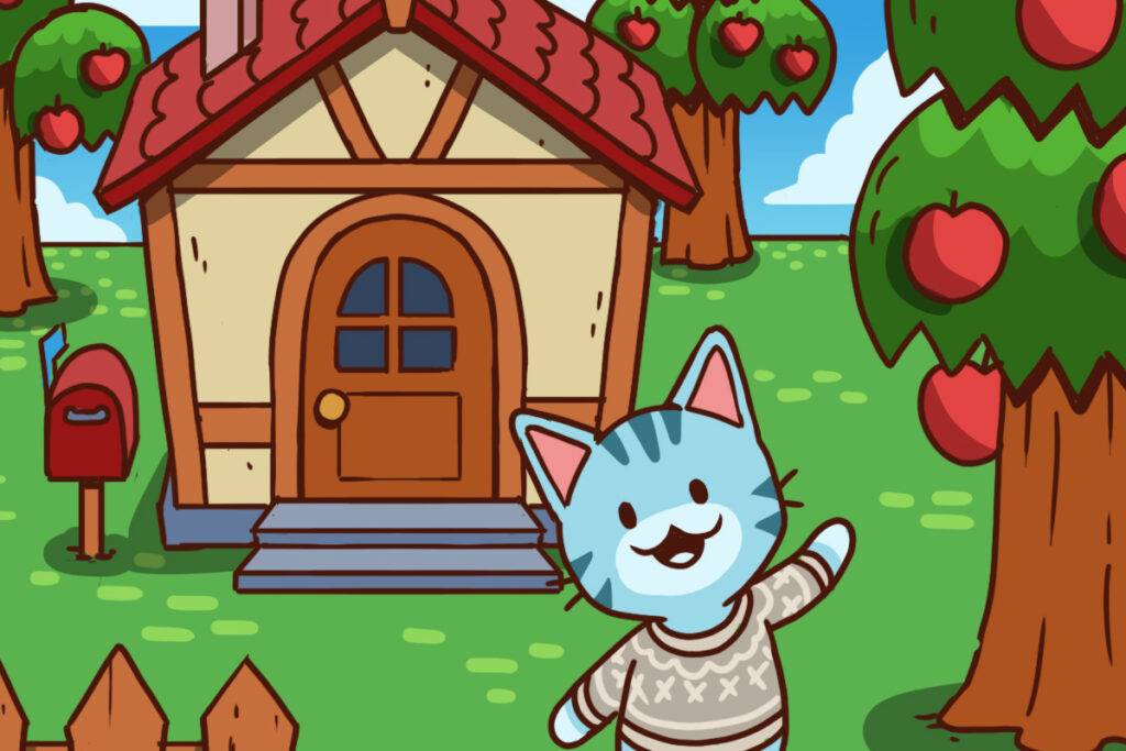 Animated blue cat waving in front of a small house with a red roof.