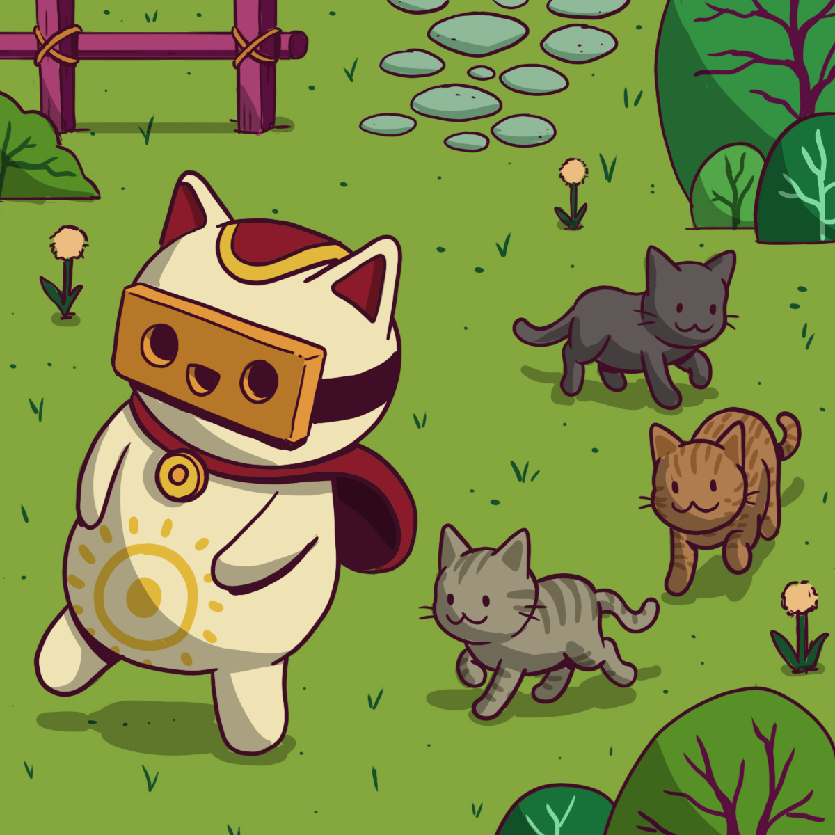 Large tan cat with cape followed by three kittens in a grassy field.