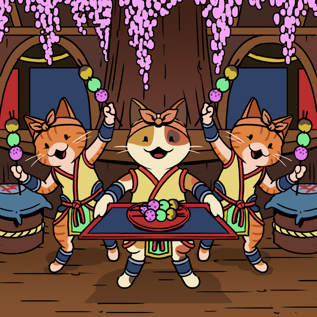 Excited samurai cats holding up treats.