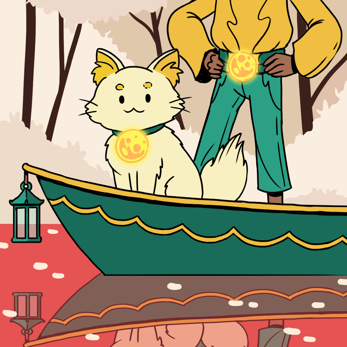 Cream colored cat in a turquoise boat sailing on the water with a human guide.