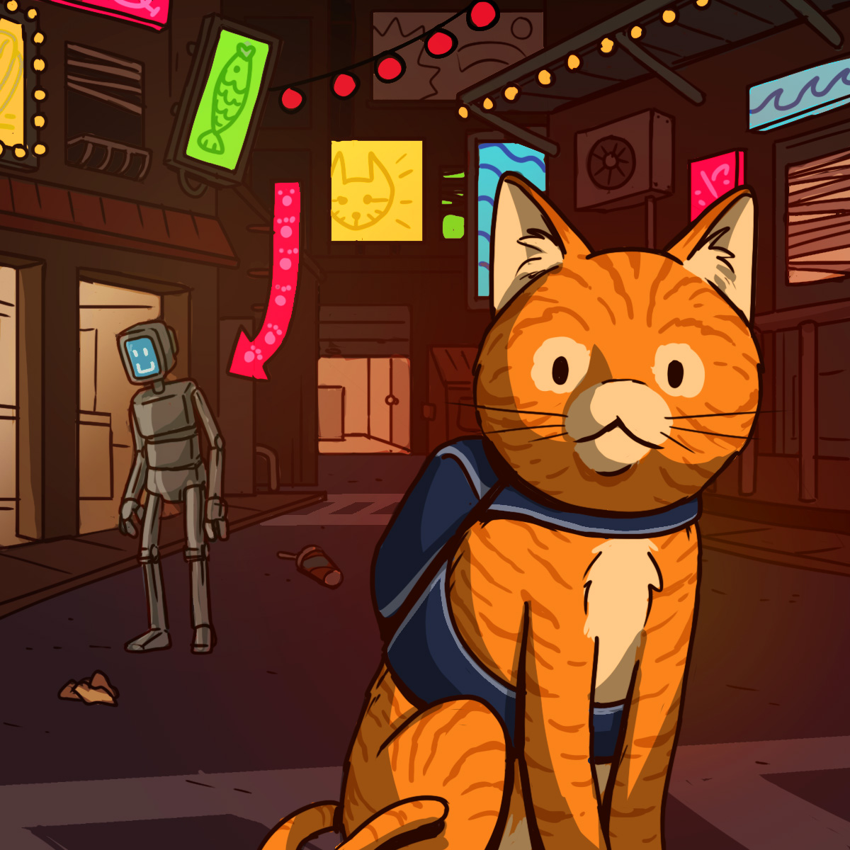 Orange cat in metropolitan street with a robot in the background.
